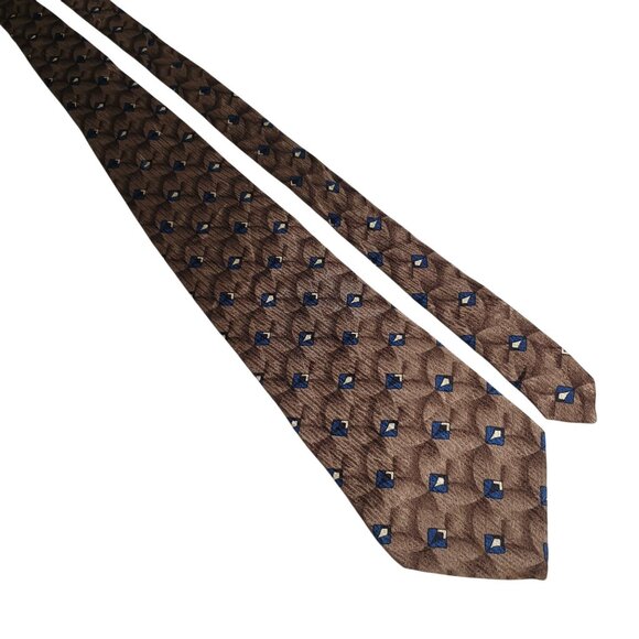 Boulevard Club Brown Blue Diamond Pattern Silk Tie Polyester Men Accessory Gift - Picture 1 of 5